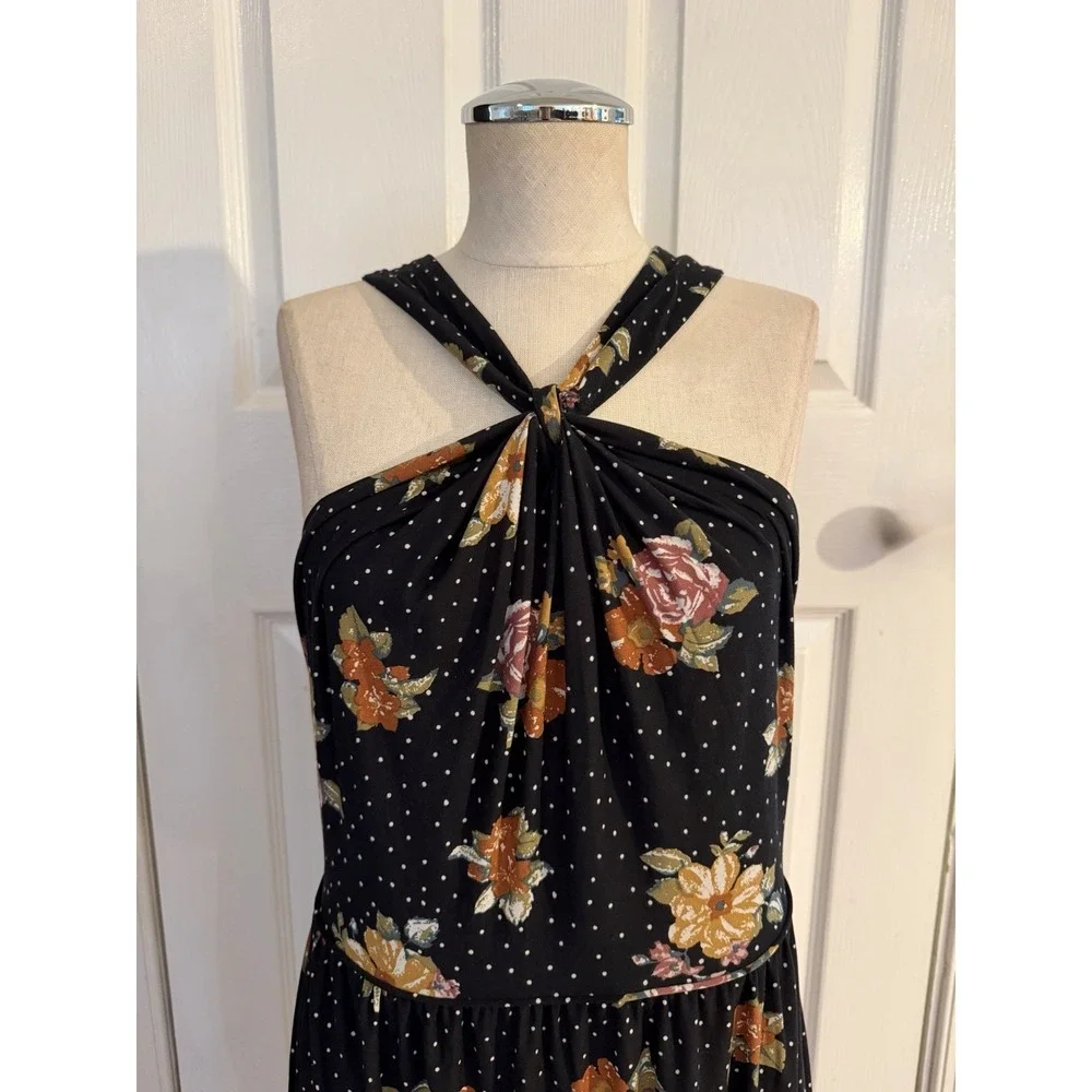 Free People Vintage Boho Black Floral Jersey Dress Slit Size L Large Maxi Halter